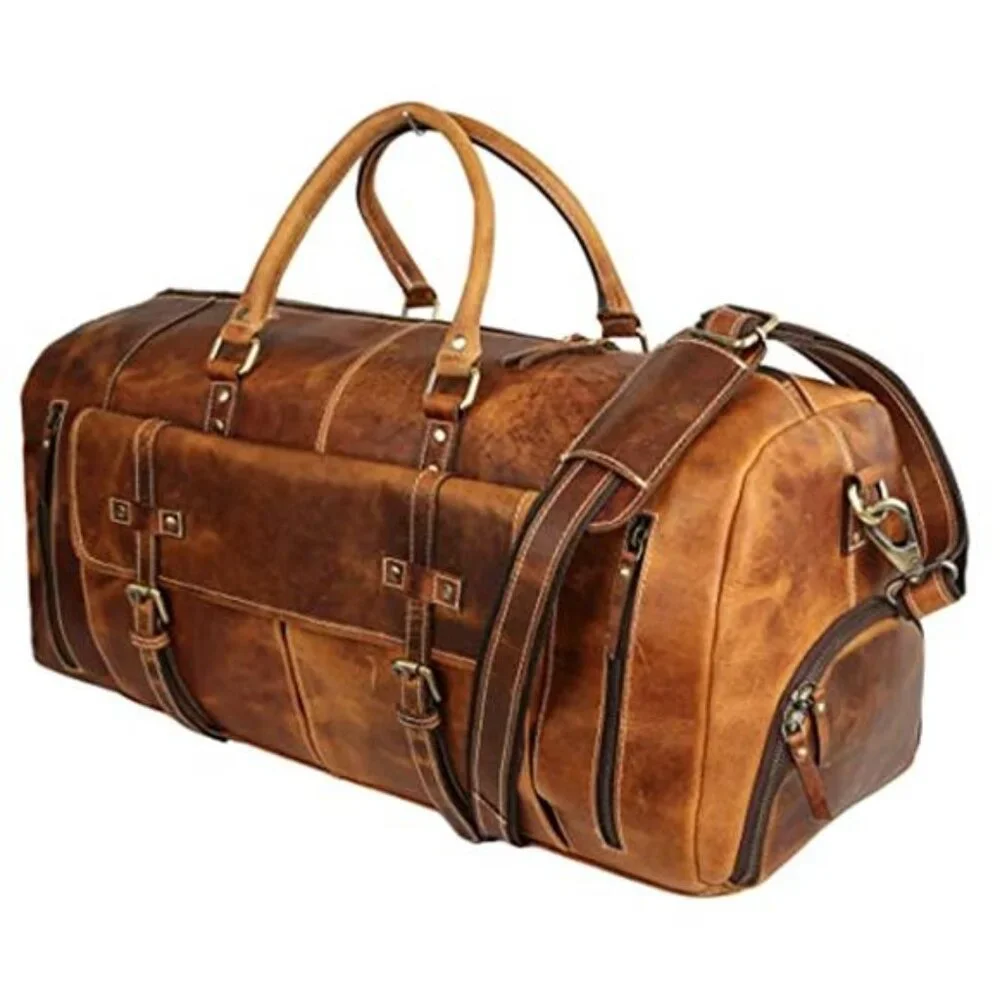 Men's Leather Duffle Bag, Distressed Tan, 28 Inch